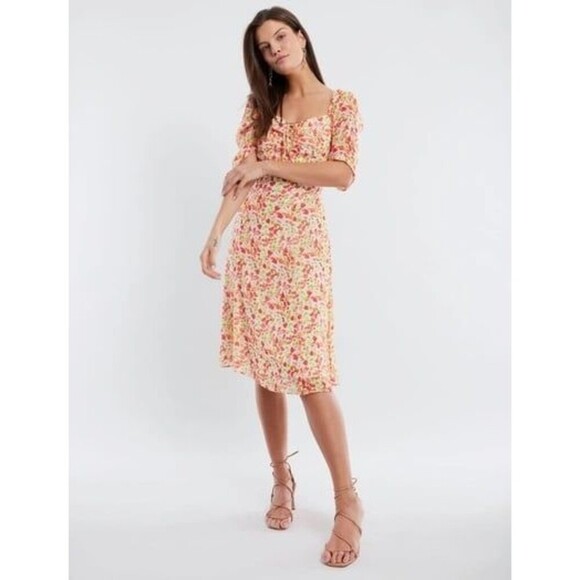BCBGENERATION size 12 SHORT PUFF SLEEVE MIDI DRESS IN BLURRED BUTTERCUP - Picture 1 of 4